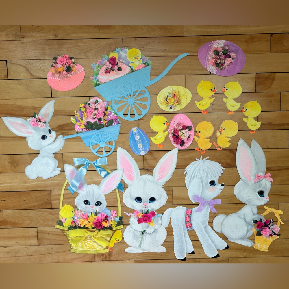 Vintage Easter cutouts Dennison bunny lamb anthropomorphic decorations 17 total